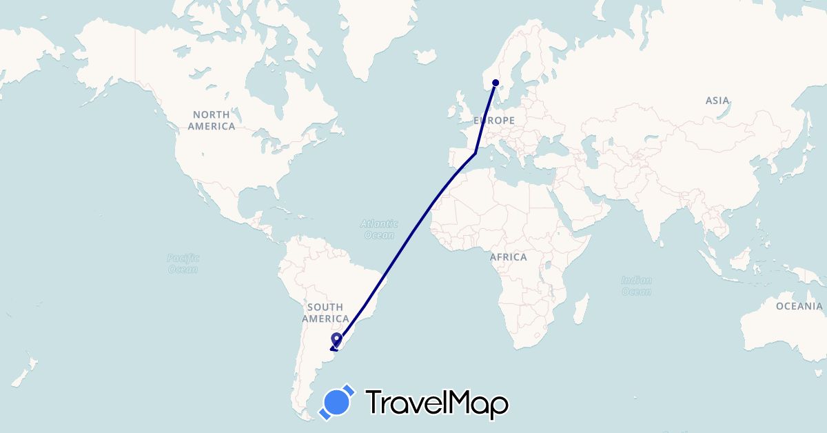 TravelMap itinerary: driving in Argentina, Spain, Norway, Uruguay (Europe, South America)