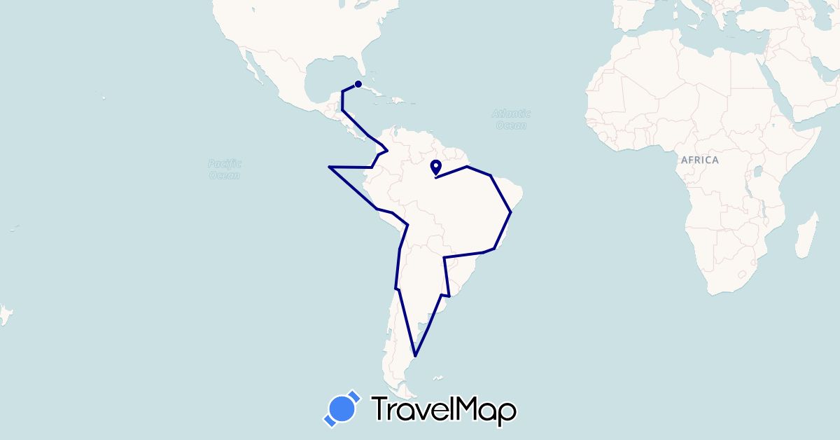 TravelMap itinerary: driving in Argentina, Bolivia, Brazil, Chile, Colombia, Cuba, Ecuador, Honduras, Mexico, Panama, Peru, Paraguay, Uruguay (North America, South America)